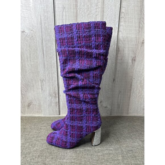 Betsey Johnson Womens 6.5 Purple Tweed Plaid Knee High Boots w/ Rhinestone Heels - Picture 4 of 12